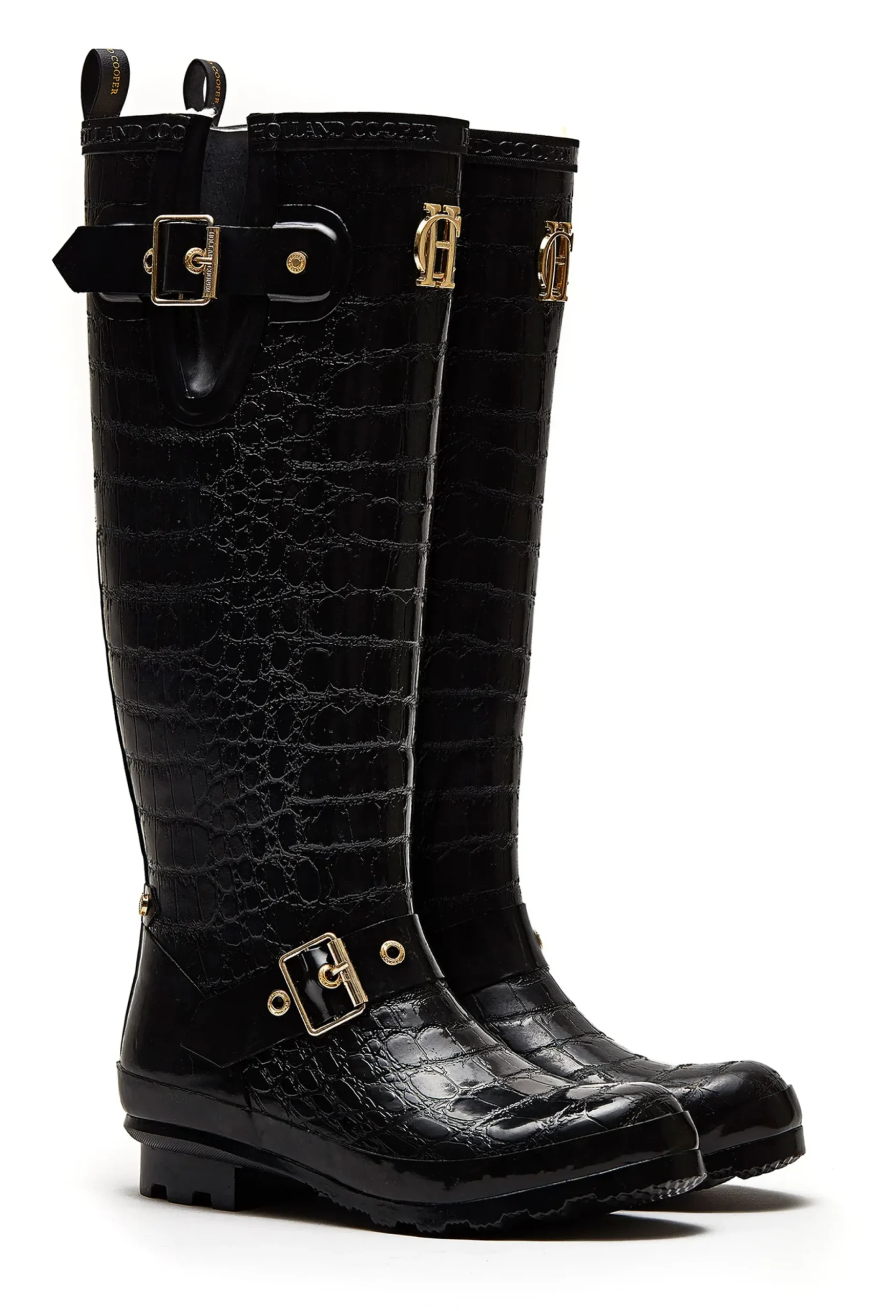 Holland Cooper Sherpa Lined Regency Wellington Black Croc