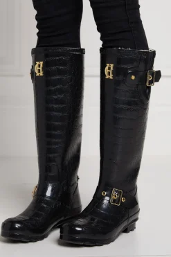 Holland Cooper Sherpa Lined Regency Wellington Black Croc