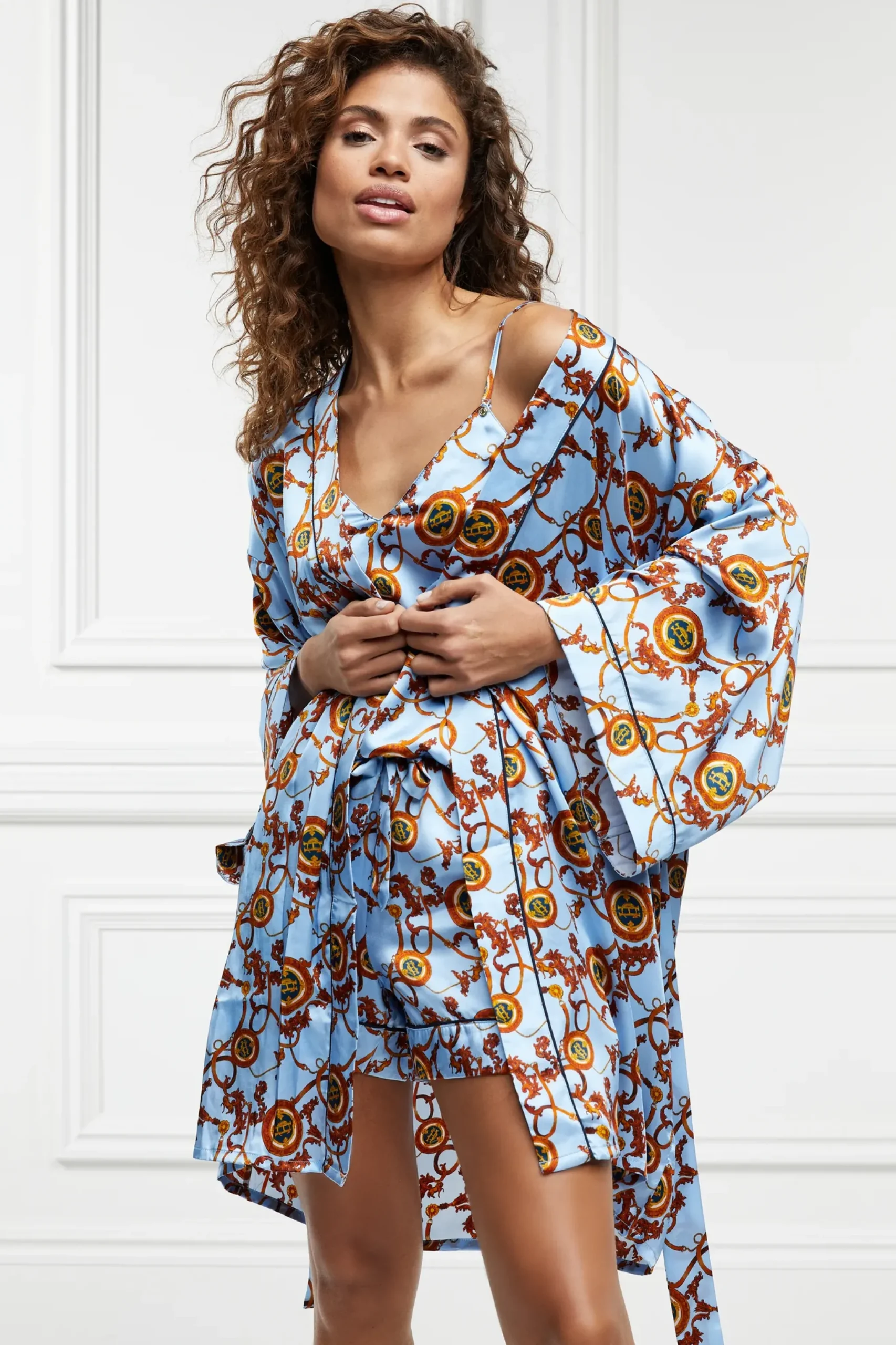 Holland Cooper Silk Dressing Gown Sky Blue Clearance