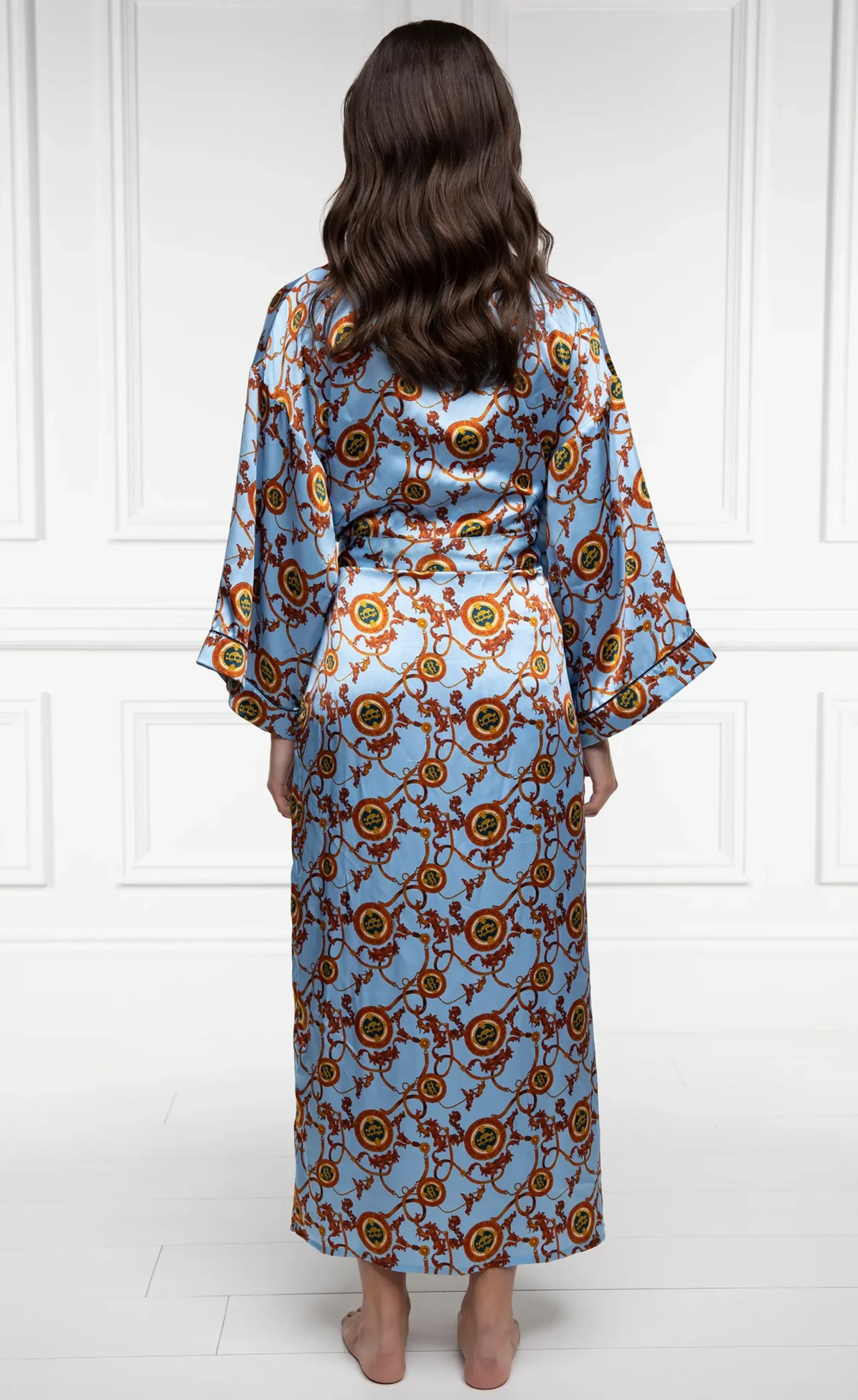 Holland Cooper Silk Full Length Dressing Gown Sky Blue Clearance