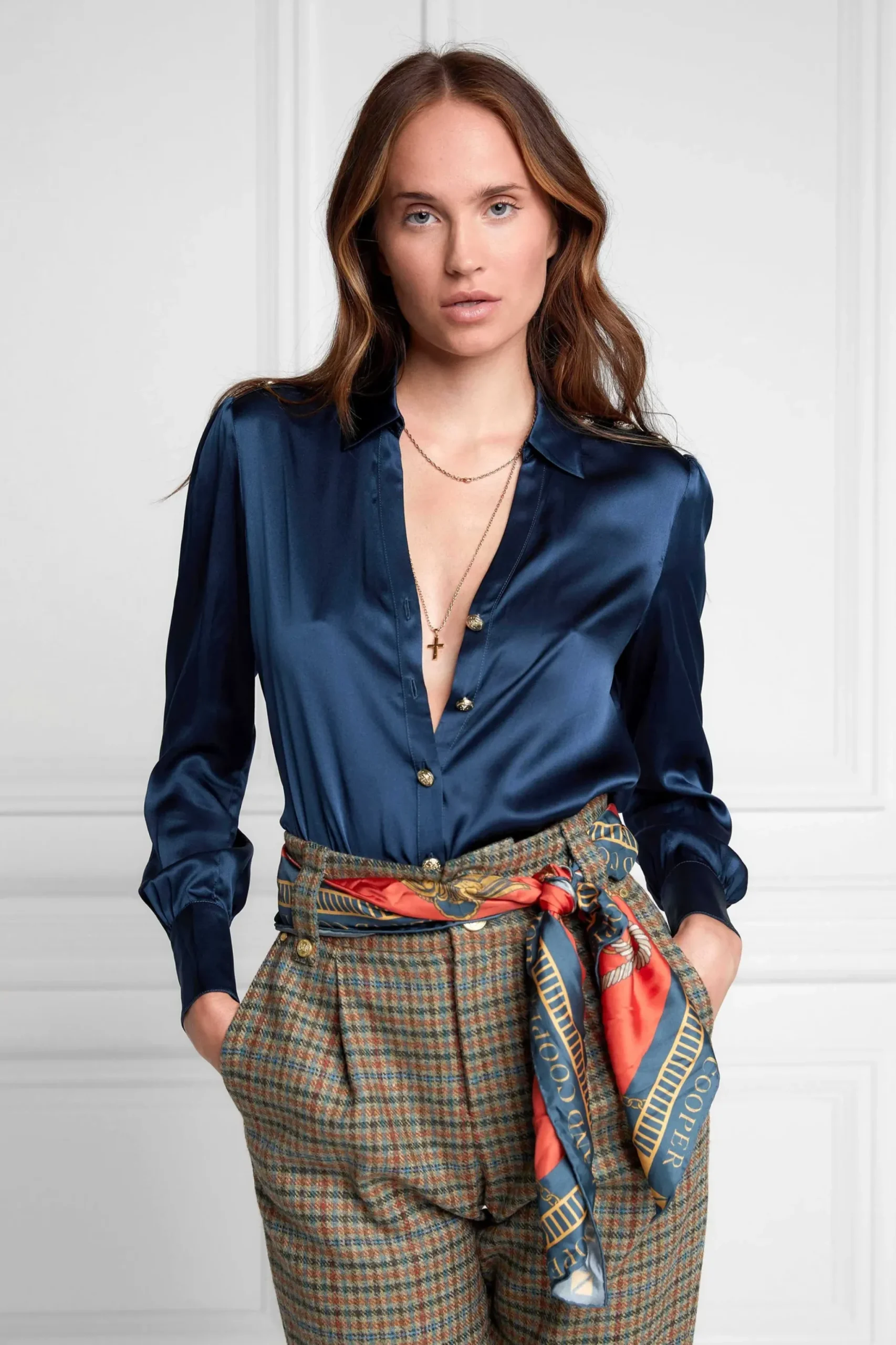 Holland Cooper Silk V-Neck Blouse Petrol Blue