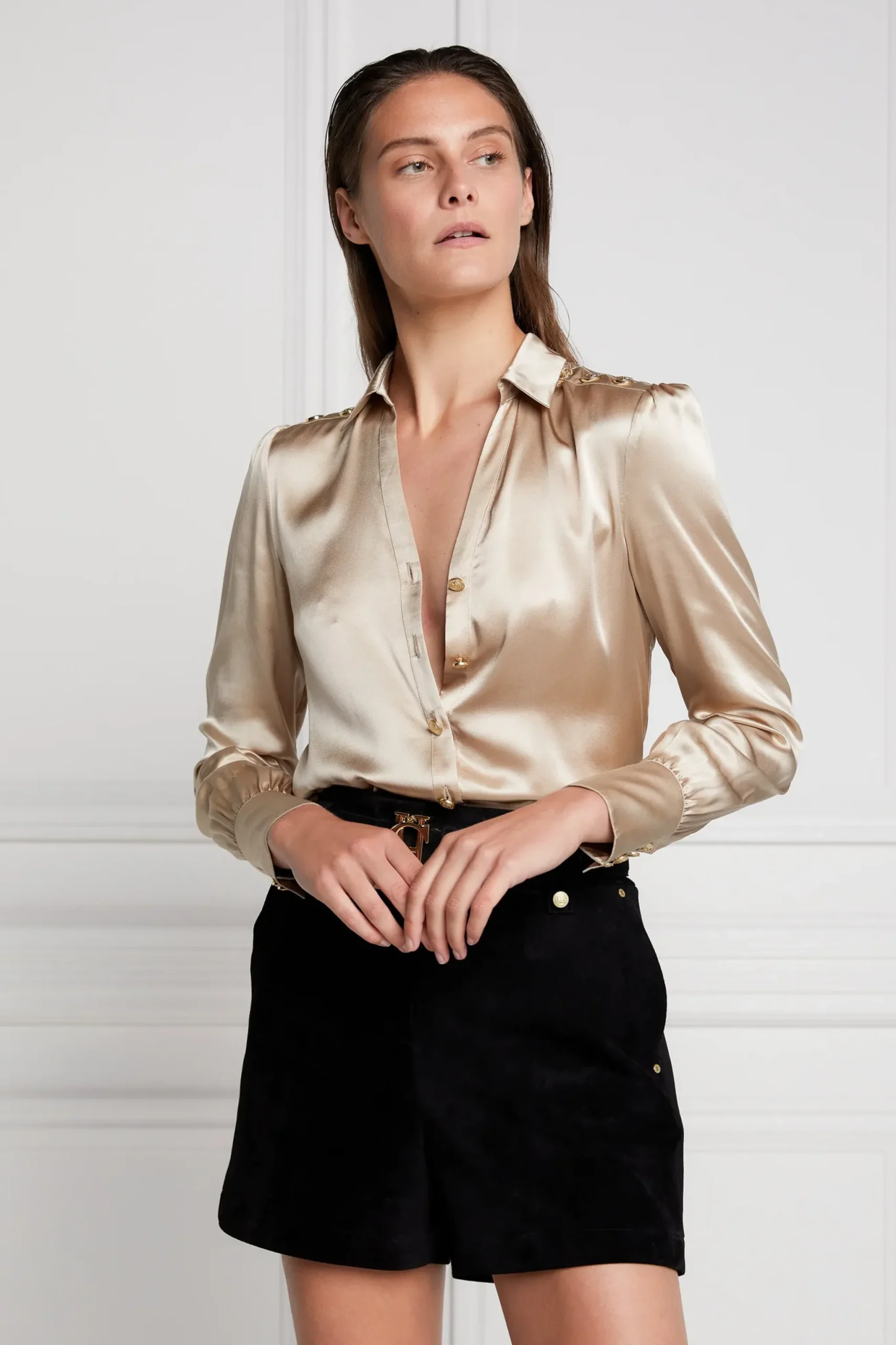 Holland Cooper Silk V-Neck Blouse Champagne Outlet