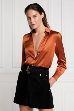 Holland Cooper Silk V-Neck Blouse Caramel Best