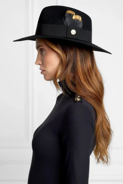 Holland Cooper Trilby Hat Gold Feather Black Hot