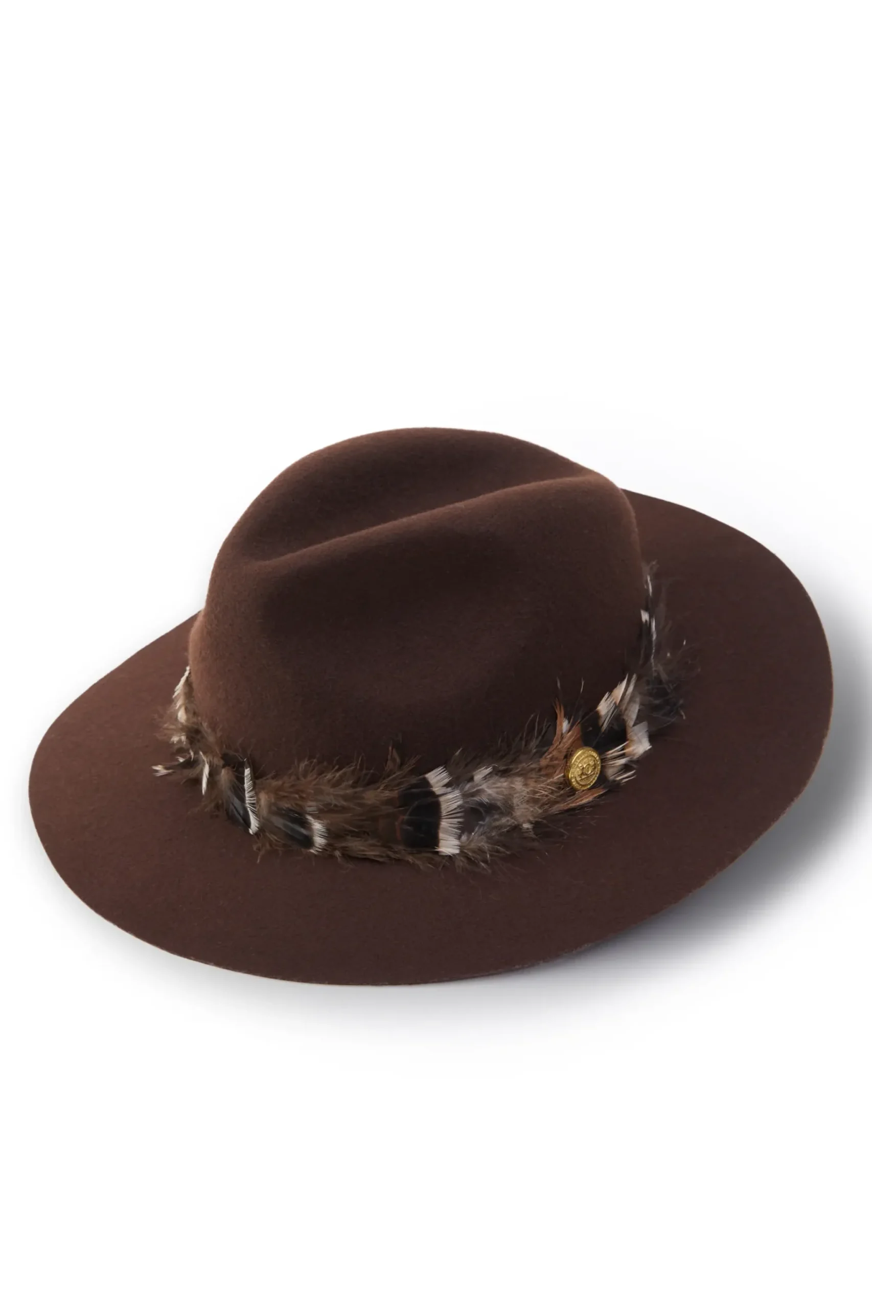 Holland Cooper Trilby Hat Iridescent Feather Band Chocolate Clearance