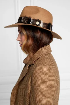 Holland Cooper Trilby Hat Iridescent Feather Band Camel Clearance