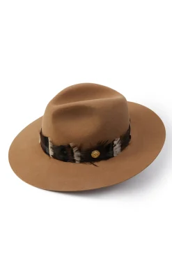 Holland Cooper Trilby Hat Iridescent Feather Band Camel Clearance